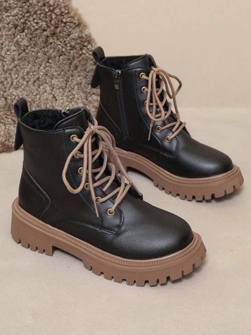 Classic Black Combat Boots with Tan Lug Sole